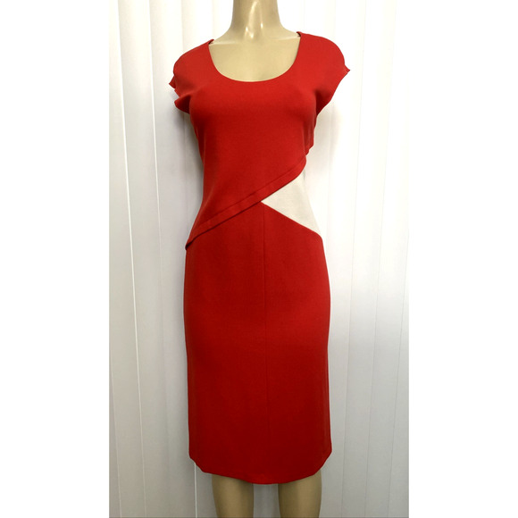 Armani Collezioni Milano Color Block Sheath Dress Panel Cap Sleeve Red Knee 10 M - Picture 4 of 7